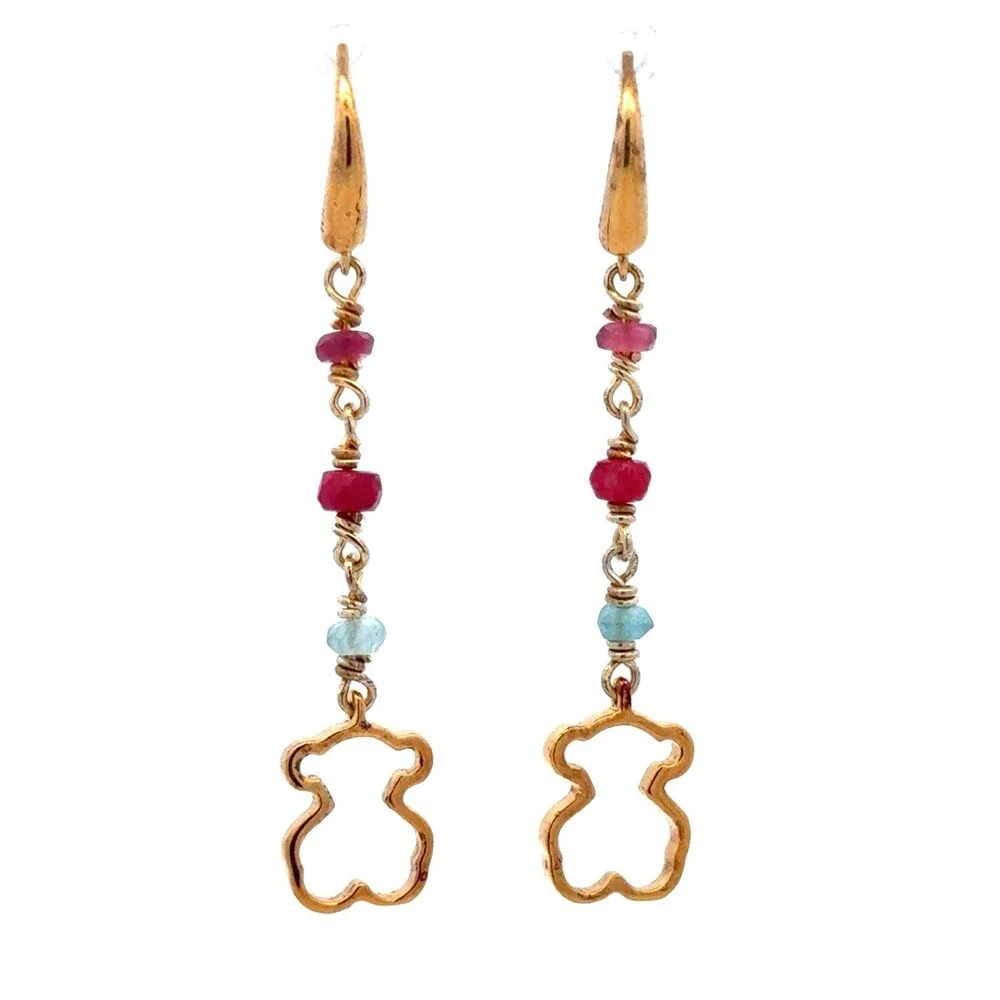 Designer TOUS 925 Sterling Silver Vermeil Aquamarine Amethyst Ruby Drop Earrings - Picture 2 of 12